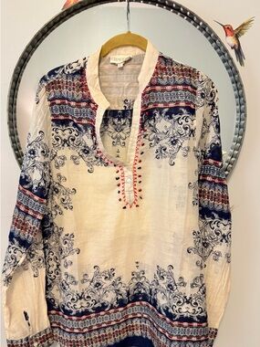 100% Cotton Cream Tunic Top with Navy & Red Accents